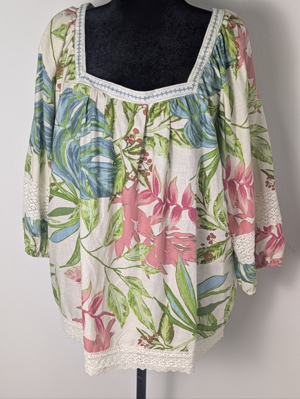 Nicole Miller Sz 1X Linen Blend Tropical Print 3/4 Puff Sleeve Lace Tunic Top - Picture 8 of 13